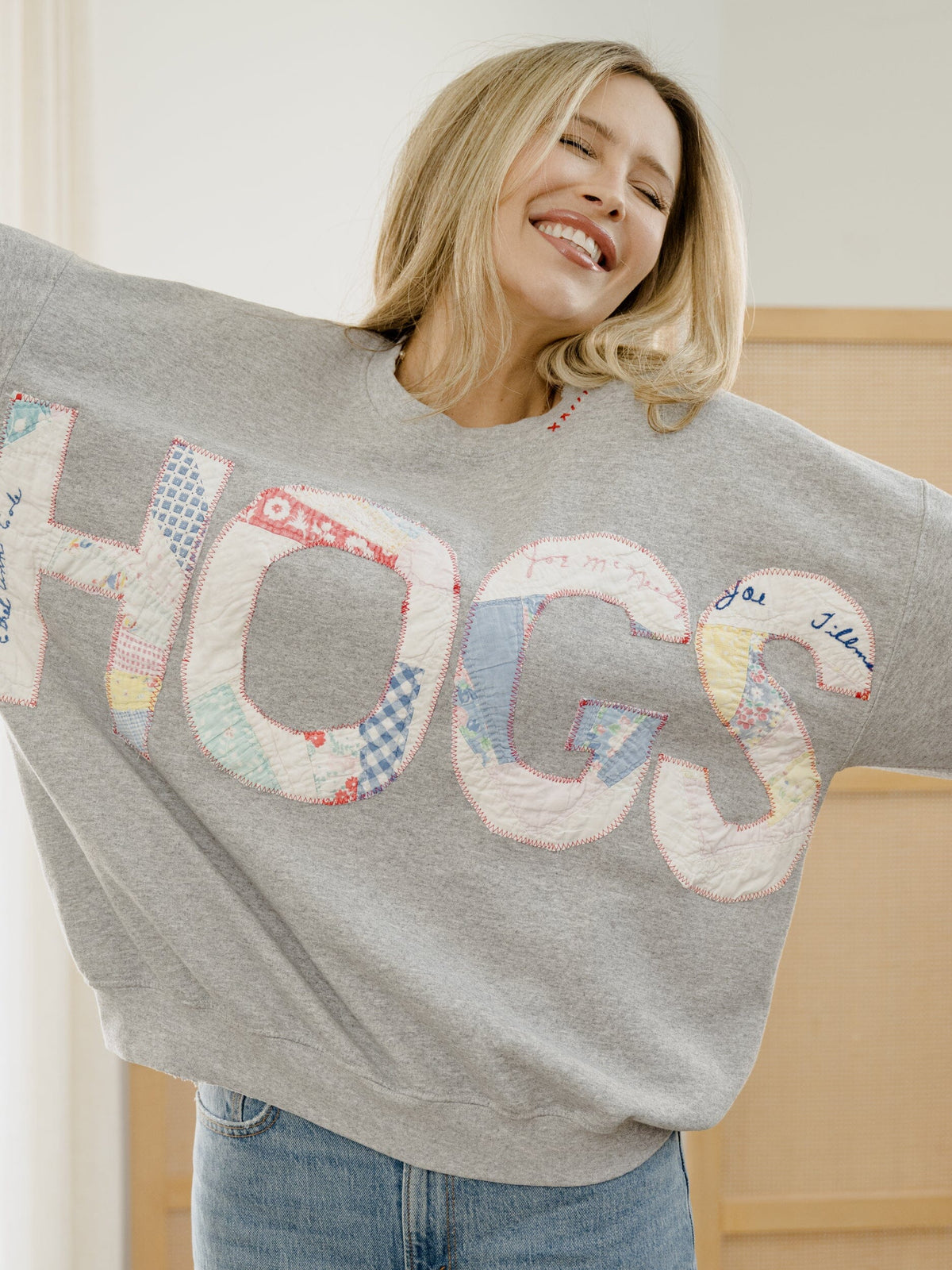 Hogs Quilted Applique Gray Thrifted Sweatshirt