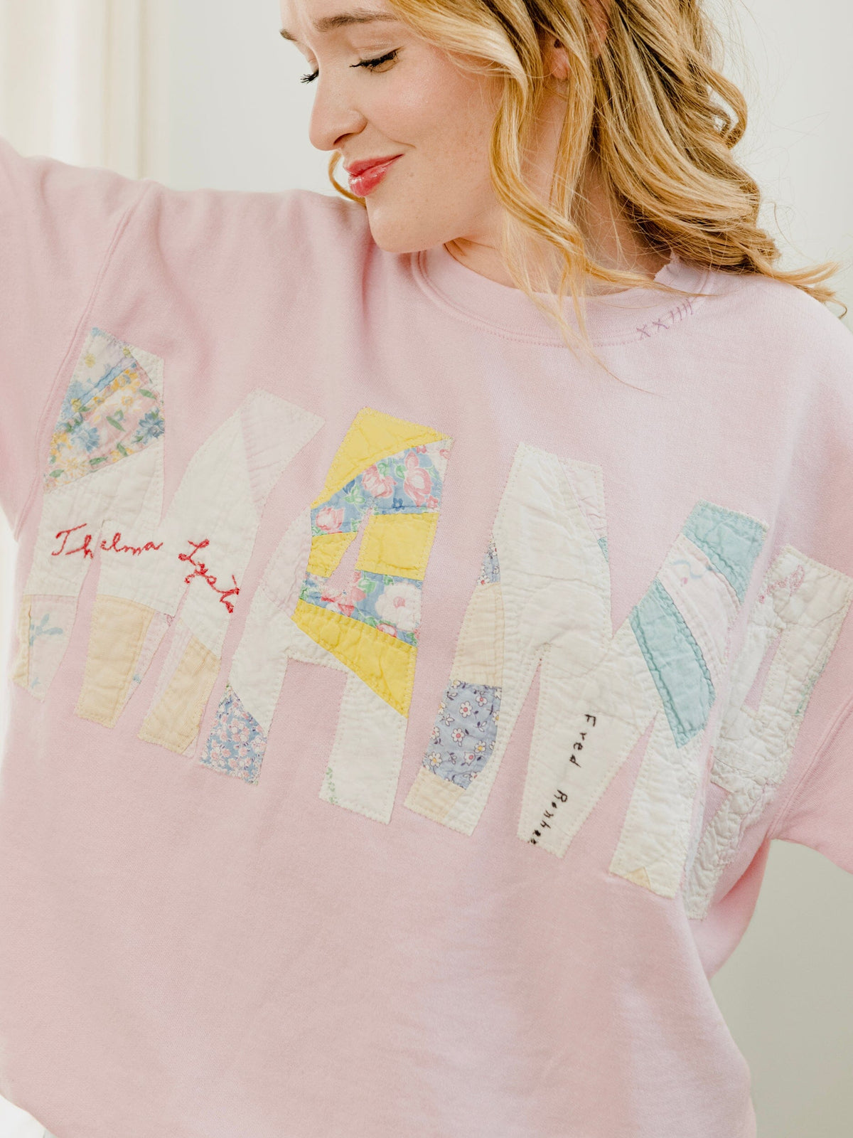 MAMA Quilted Applique Pink Thrifted Sweatshirt
