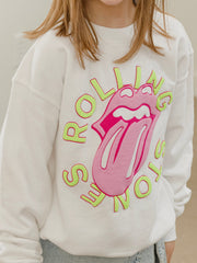 Children's Rolling Stones Neon Puff Classic Lick White Sweatshirt