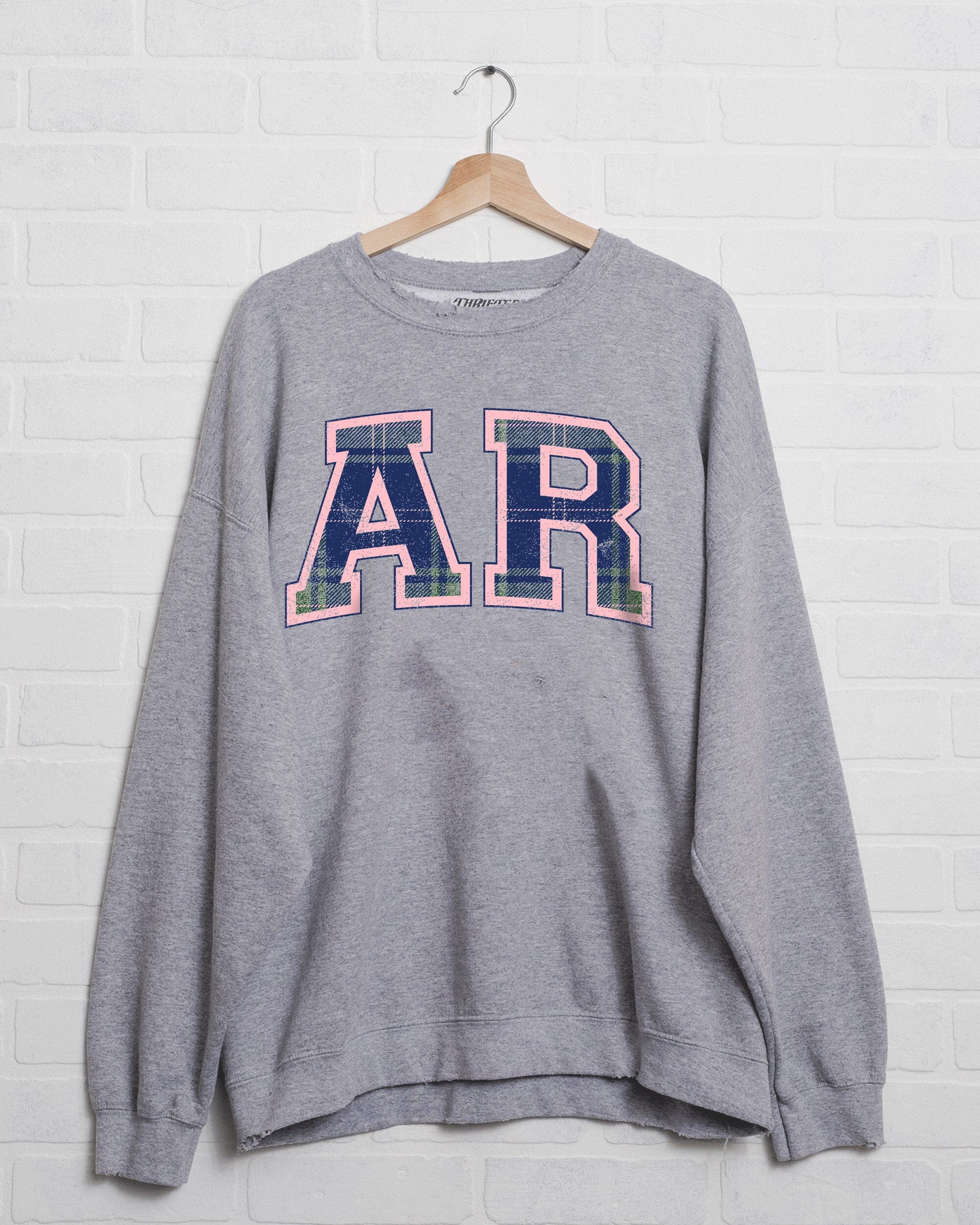 AR Plaid Arch (Pink Outline) Gray Thrifted Sweatshirt - shoplivylu