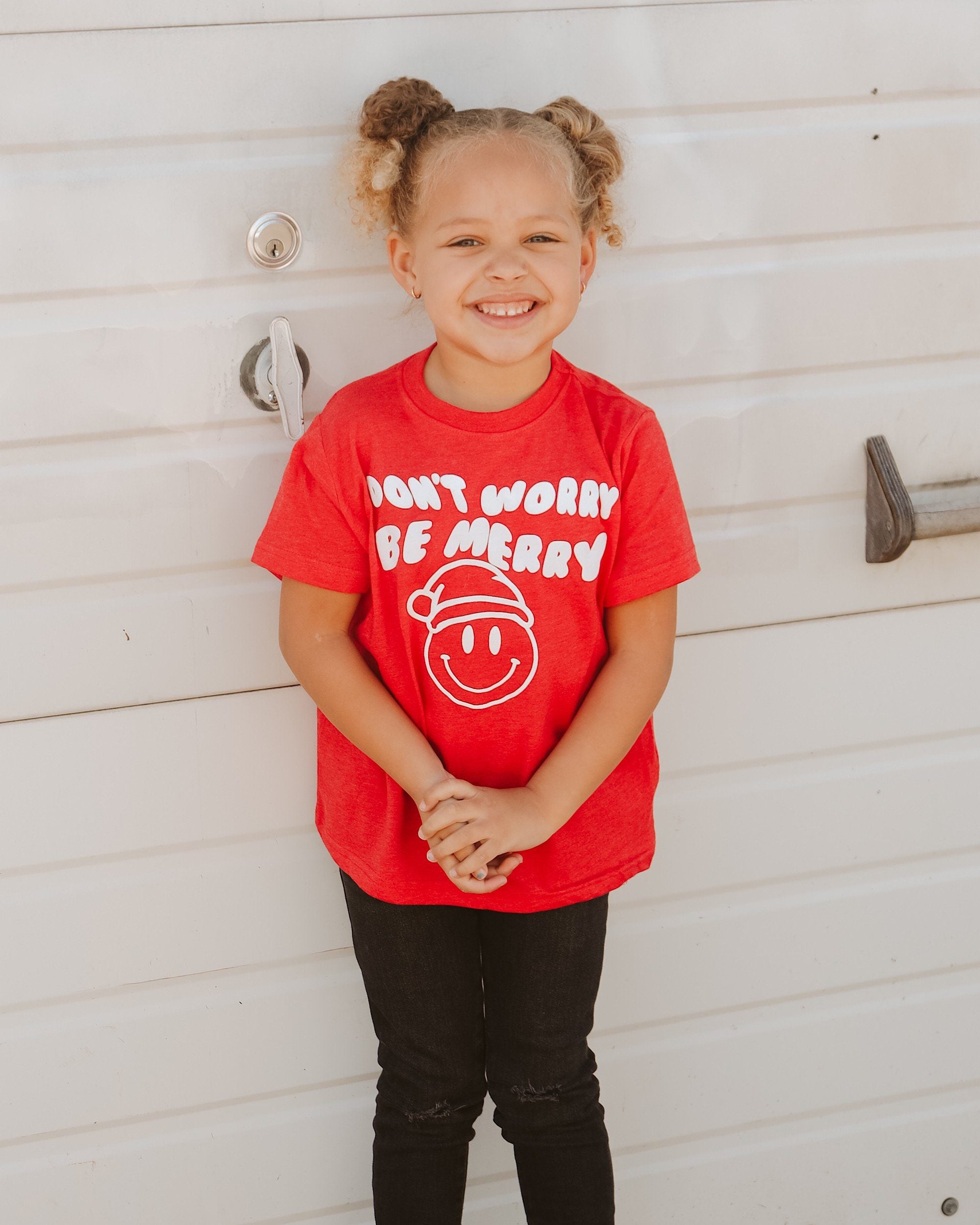 Children's Don't Worry Be Merry Red Puff Ink Tee - shoplivylu