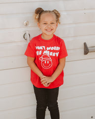 Children's Don't Worry Be Merry Red Puff Ink Tee - shoplivylu
