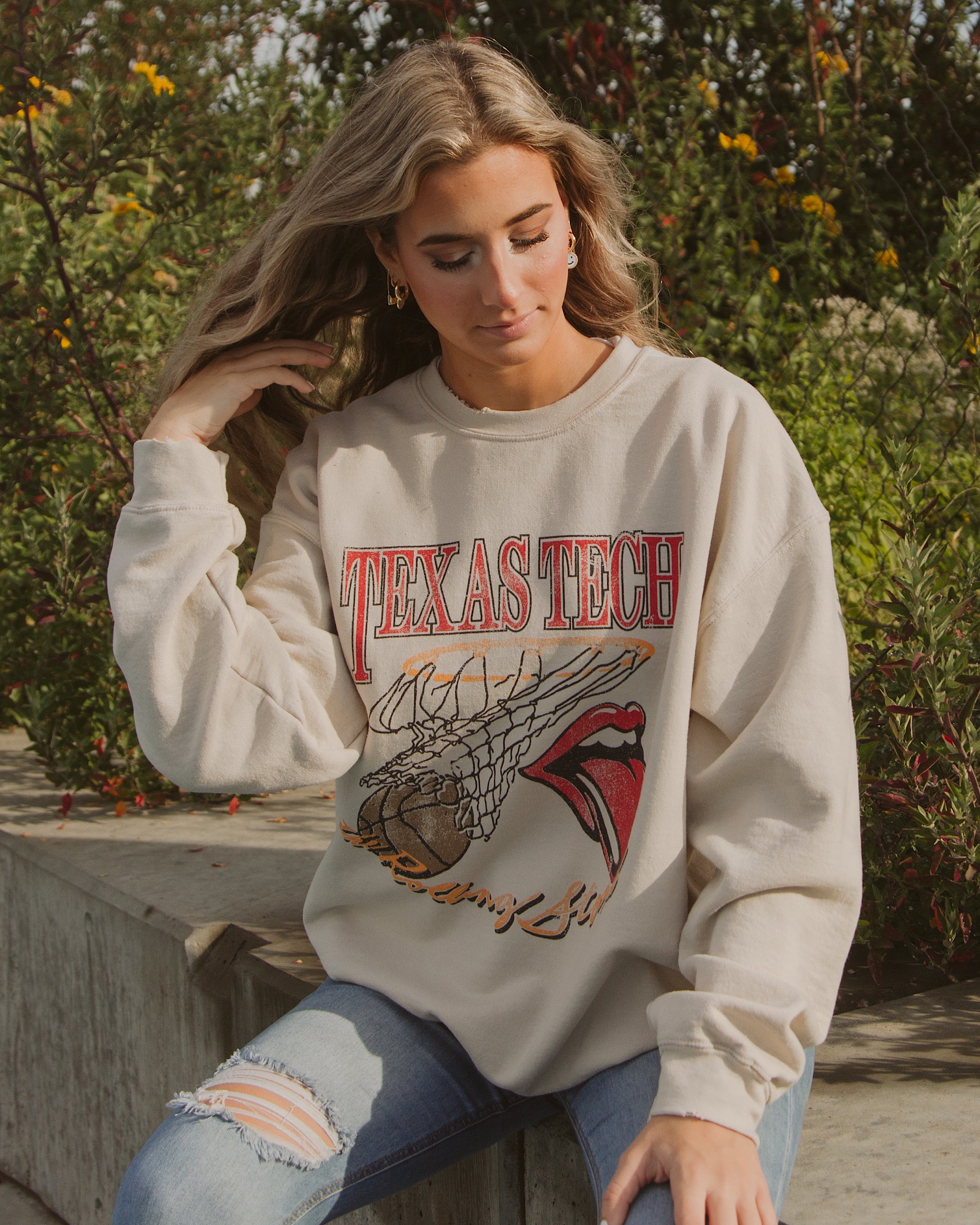 Rolling Stones Texas Tech Basketball Net Sand Thrifted Sweatshirt - shoplivylu