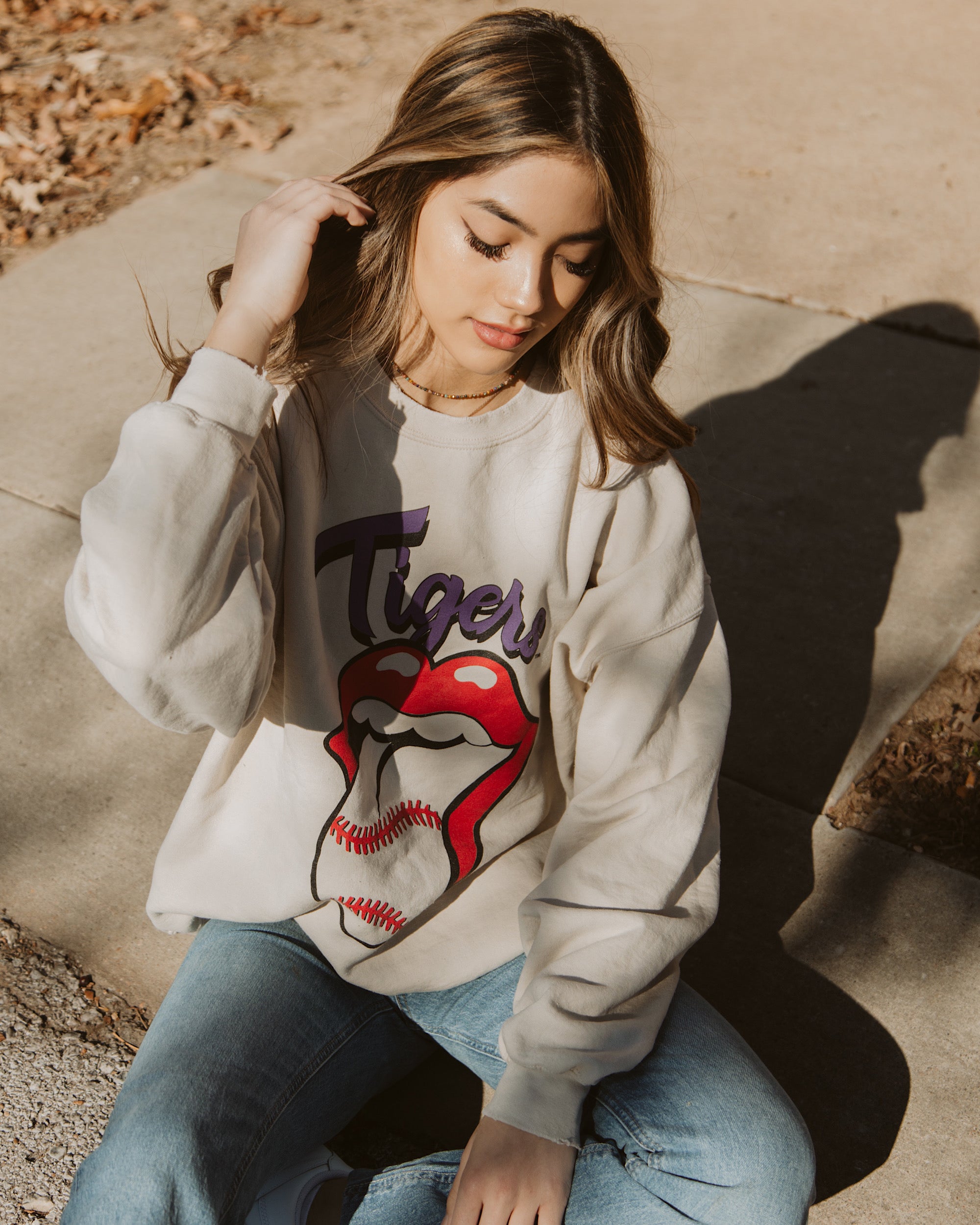 Rolling Stones LSU Tigers Baseball Lick Sand Thrifted Sweatshirt - shoplivylu