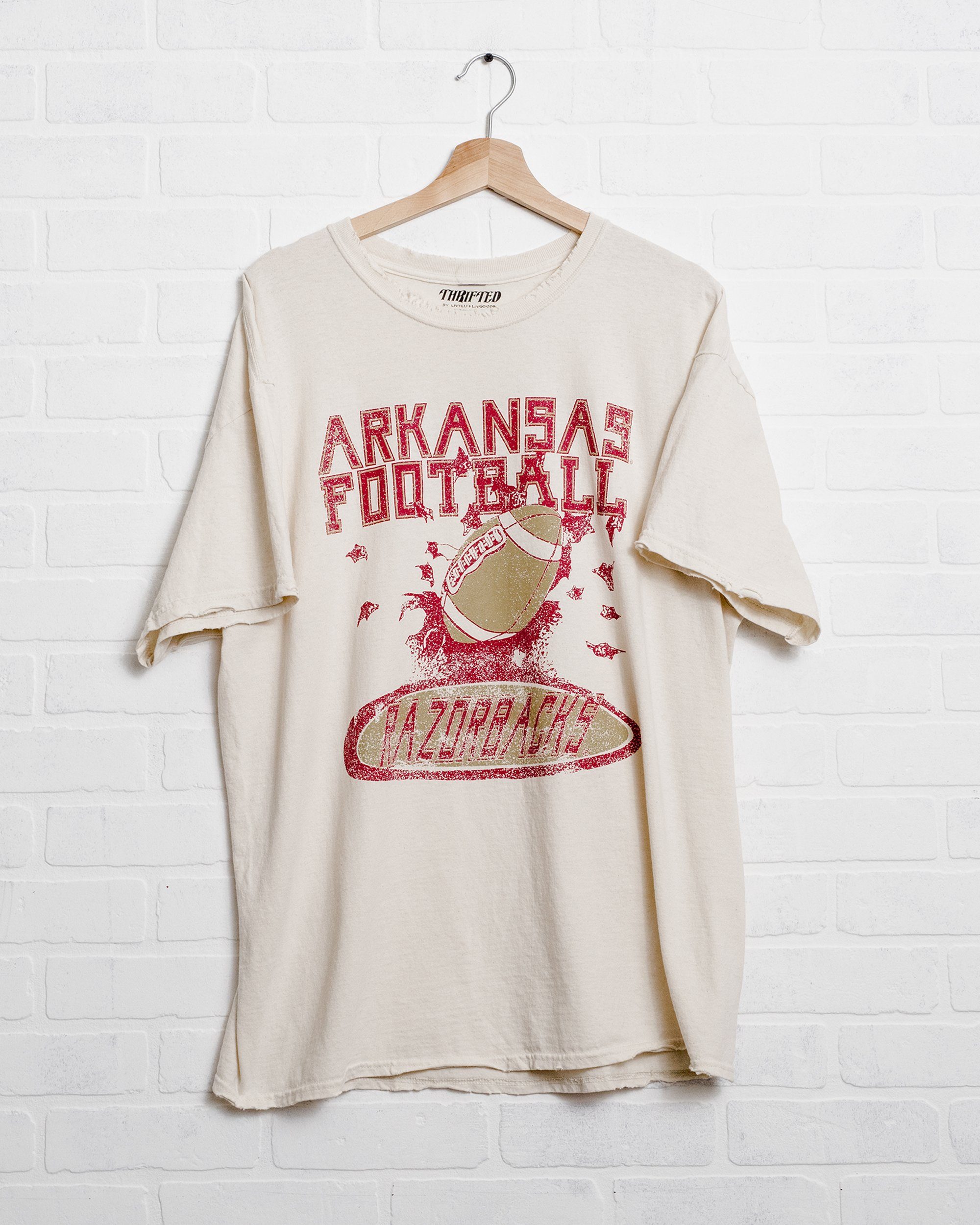 Arkansas Football Party Off White Thrifted Tee - shoplivylu