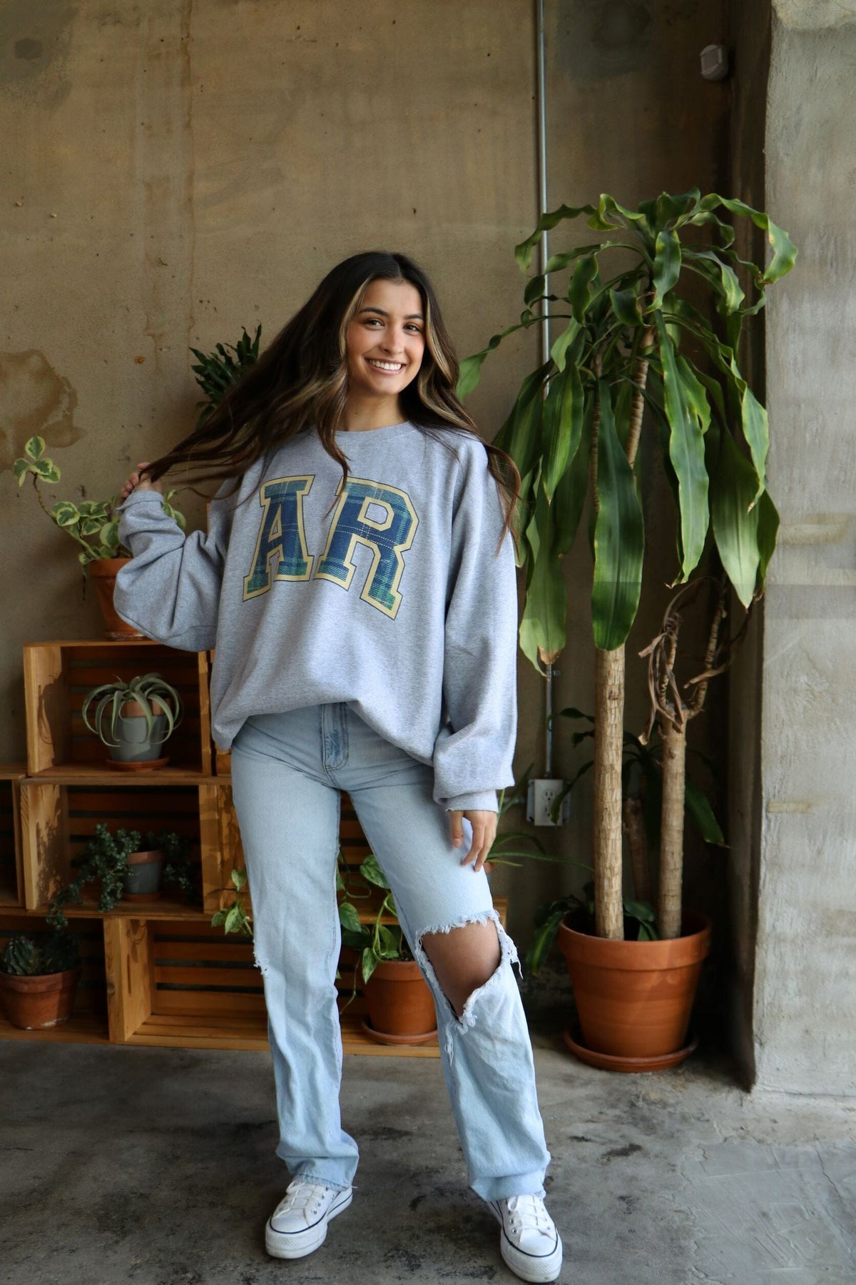 AR Plaid Arch (Gold Outline) Gray Thrifted Sweatshirt