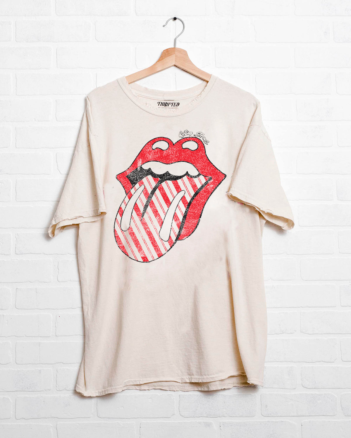 Rolling Stones Candy Cane Lick Off White Thrifted Distressed Tee - shoplivylu