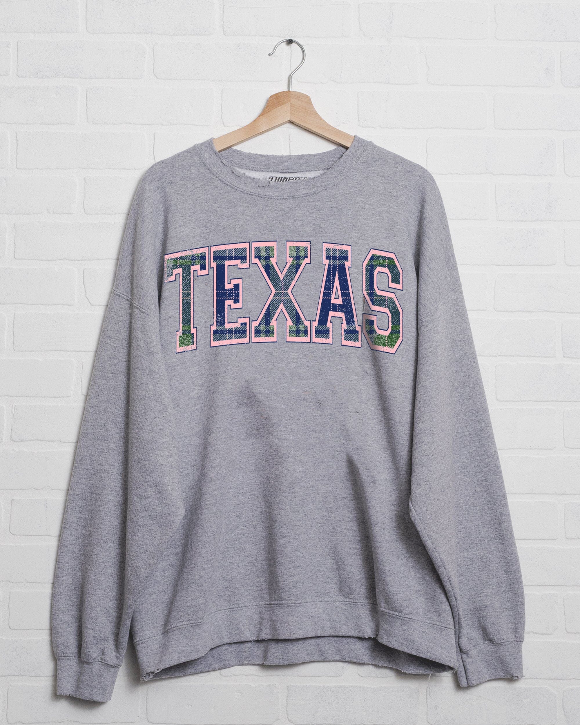 Texas Plaid Arch (Pink Outline) Gray Thrifted Sweatshirt - shoplivylu