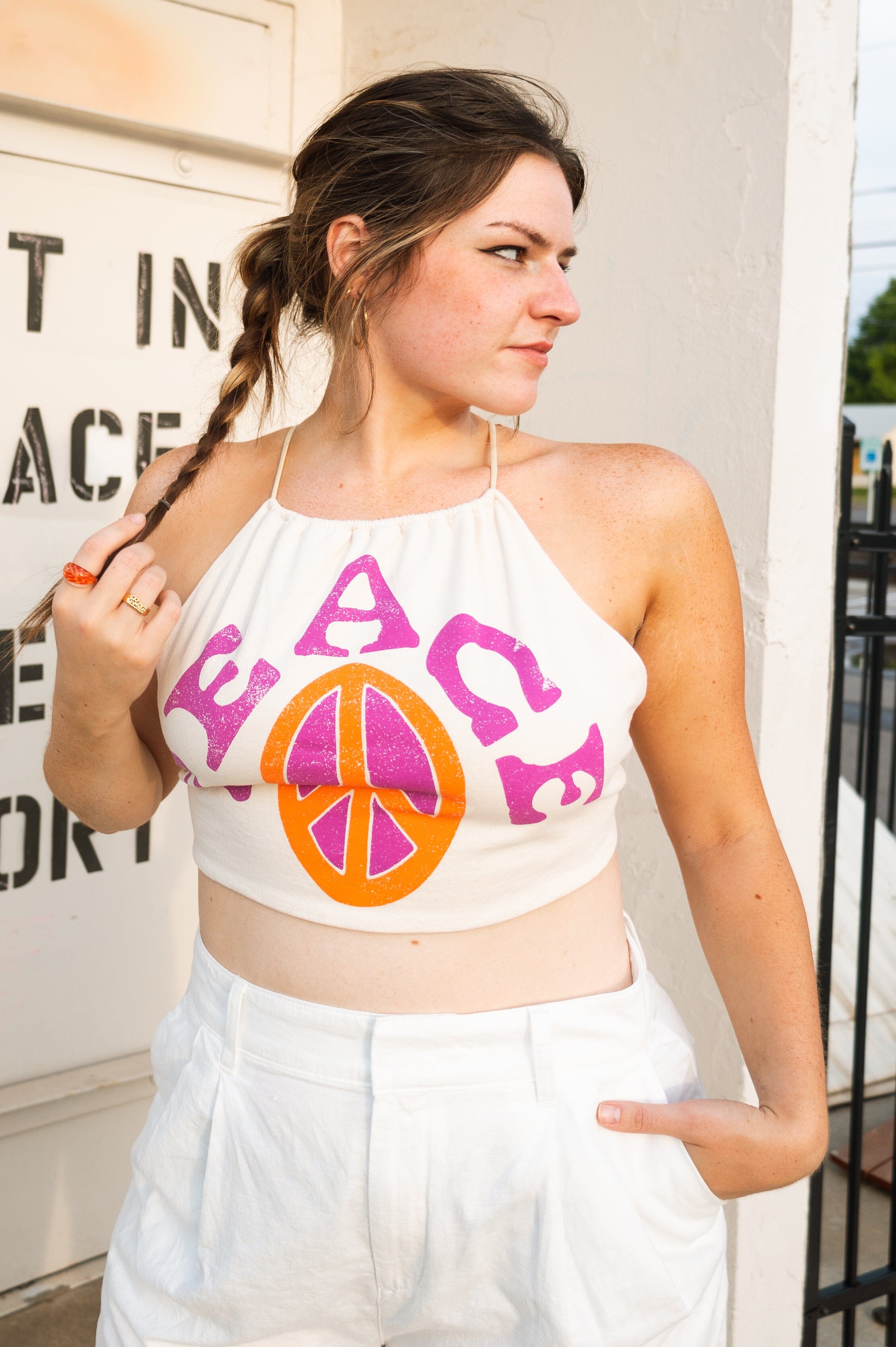 Reworked Peace Sign Off White Apron Top
