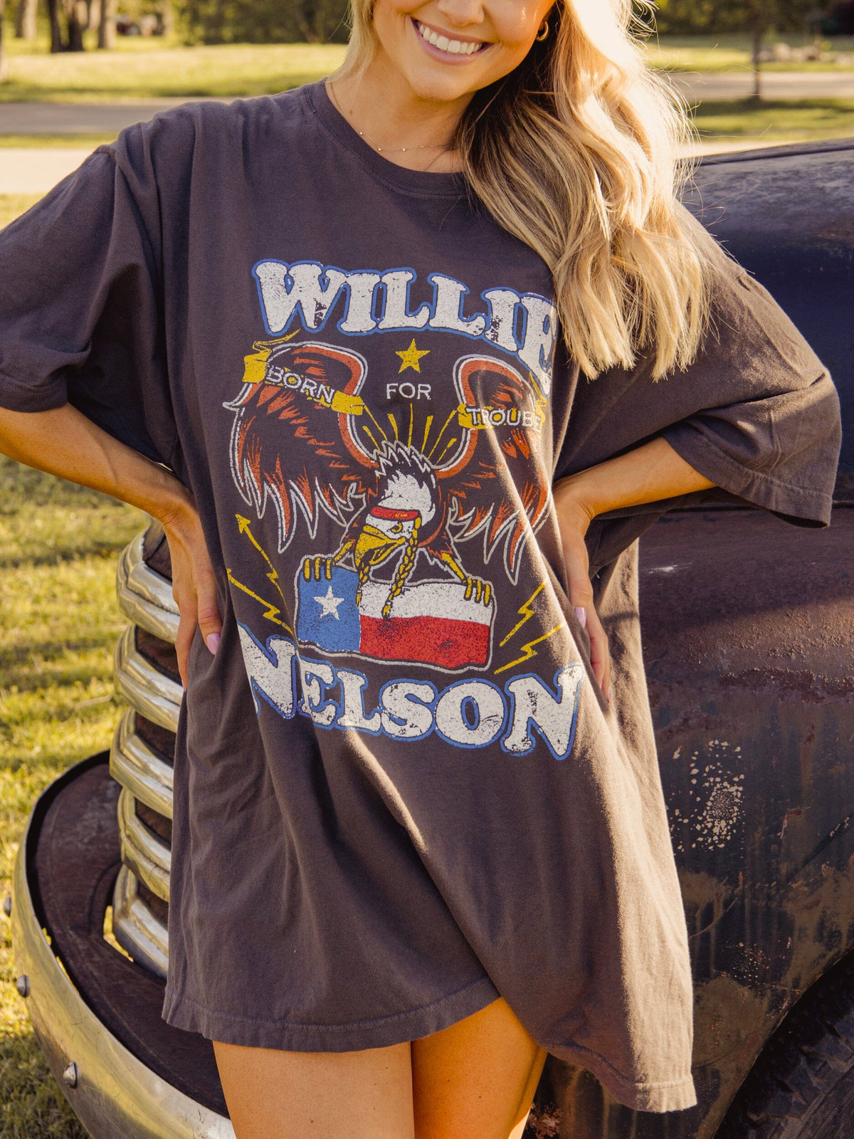 One Size Willie Nelson Born For Trouble Off Black Oversized Tee