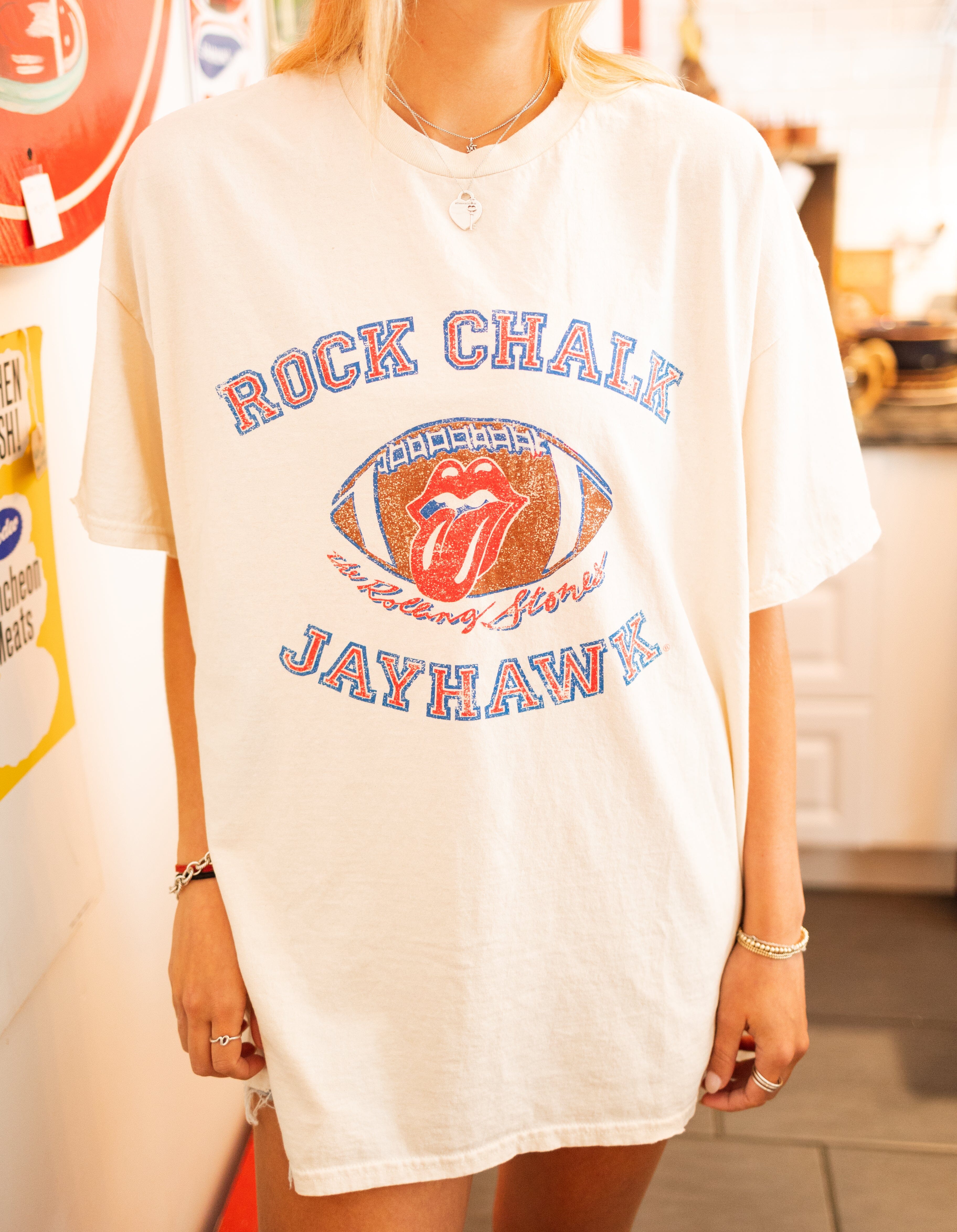 Rolling Stones KU Rock Chalk Jayhawks Football Lick Off White Thrifted Tee