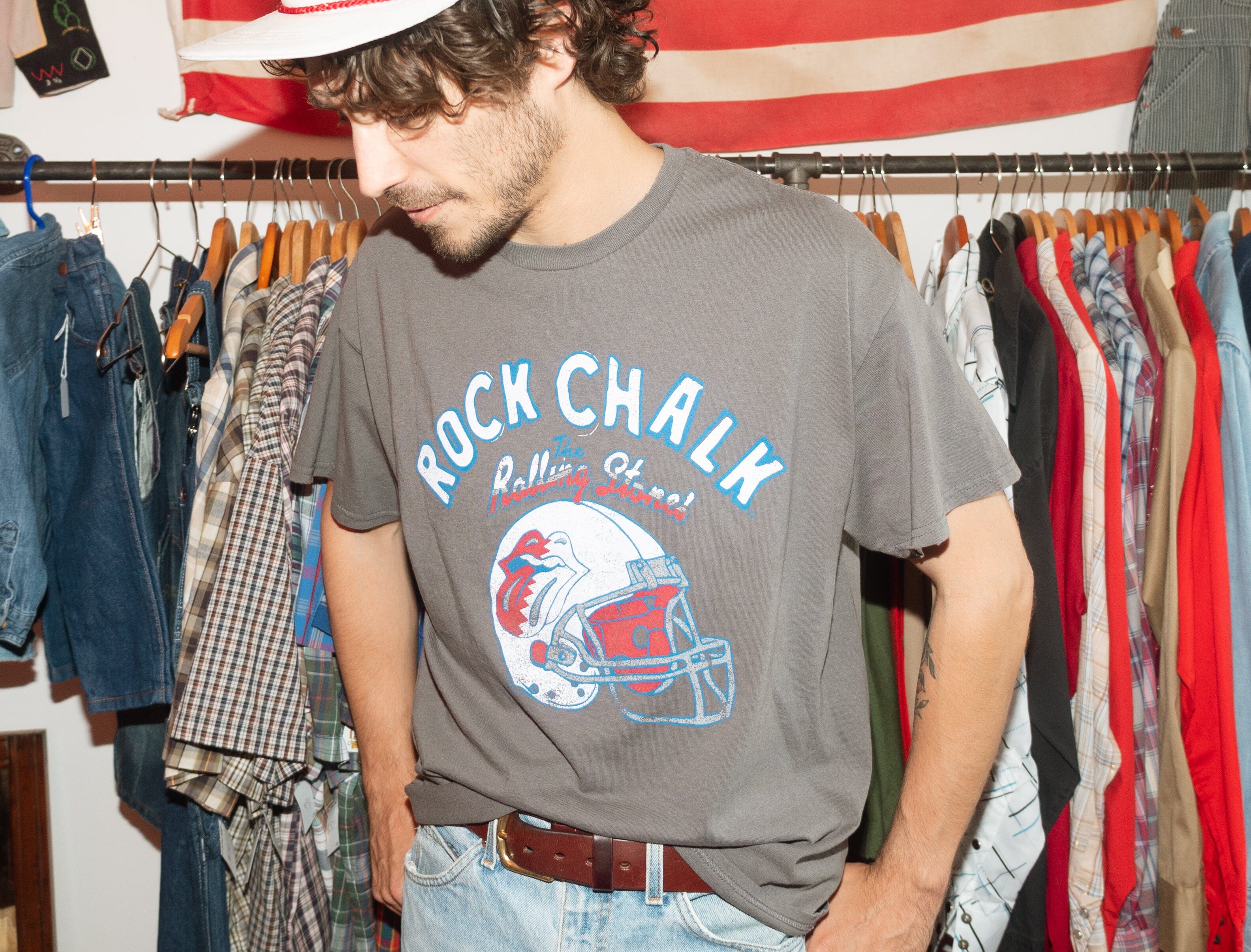 Rolling Stones KU Jayhawks Helmet Lick Charcoal Thrifted Tee