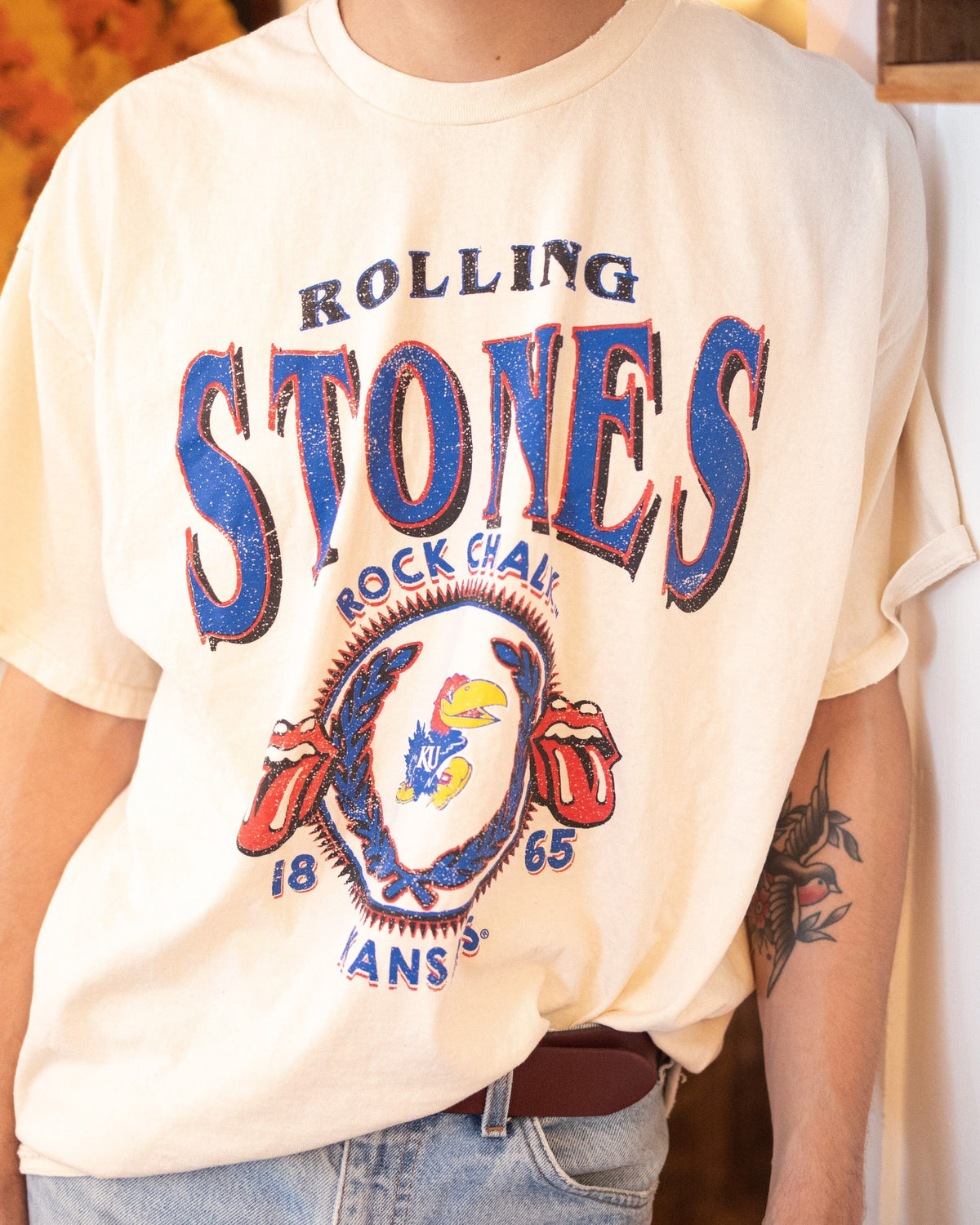 Rolling Stones KU Jayhawks College Seal Off White Thrifted Tee