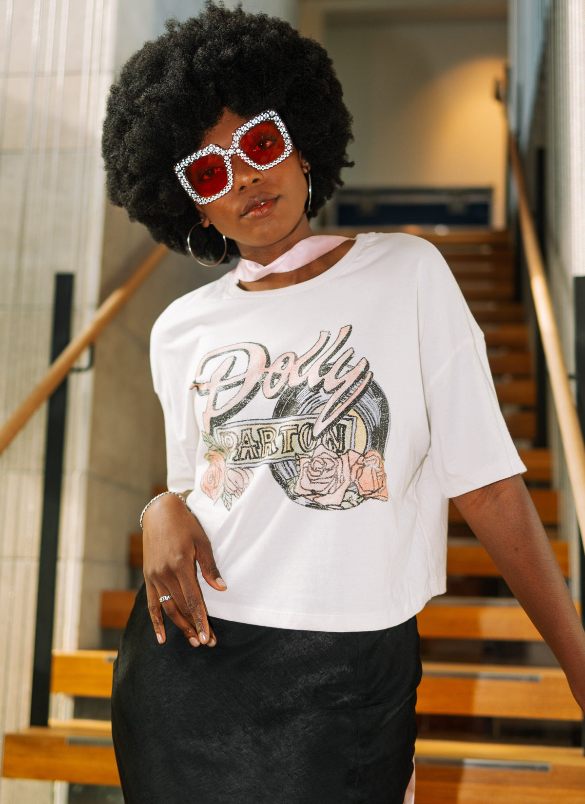 Dolly Parton Rose Record Off White Cropped Tee