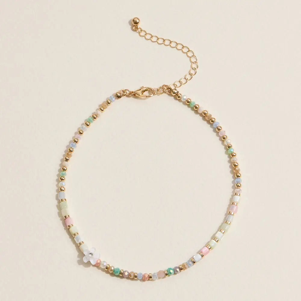 Floral Beaded Anklet with Gold Accents