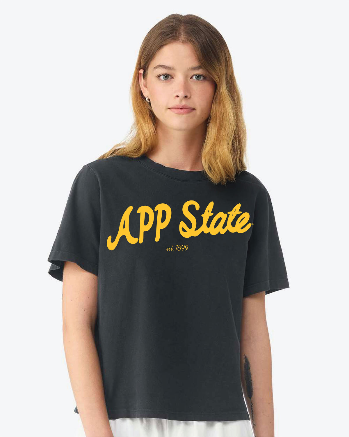 App State Mountaineers Bold Script Washed Black Ellie Heavyweight Tee
