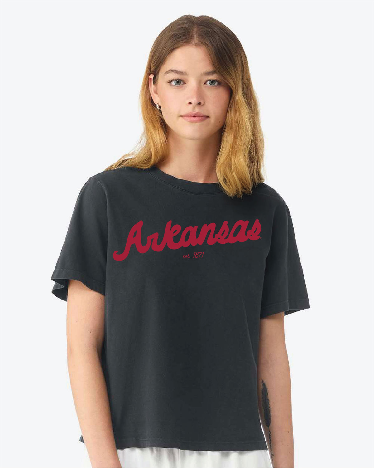 Arkansas Razorbacks Bold Script Washed Black Ellie Heavyweight Tee