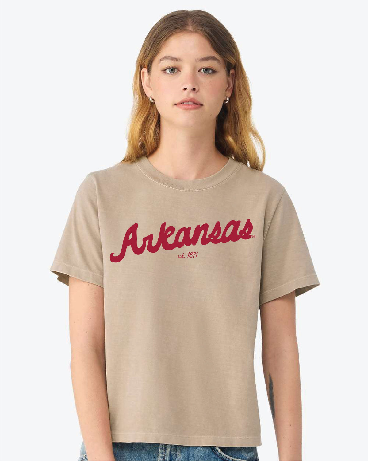 Arkansas Razorbacks Bold Script Khaki Ellie Heavyweight Tee