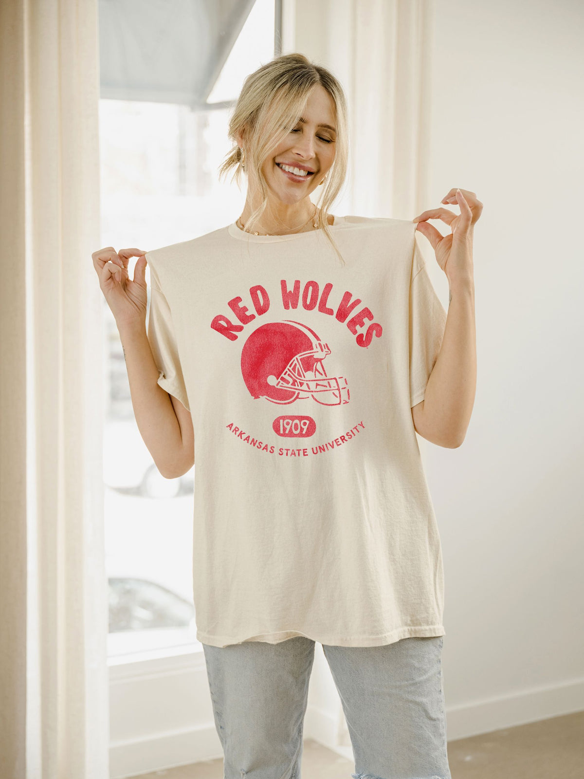ASU Red Wolves Varsity Stamp Off White Thrifted Tee