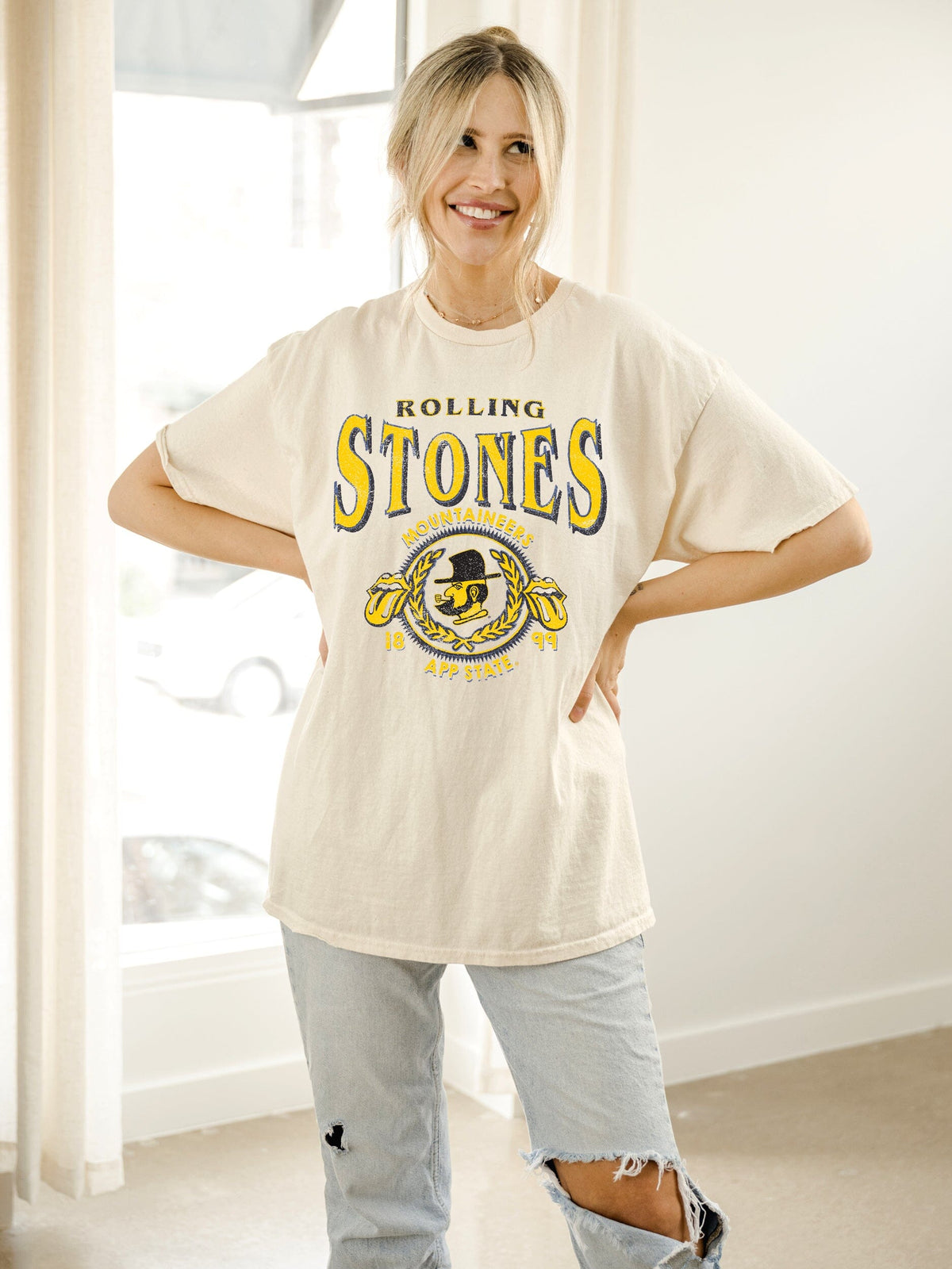 Rolling Stones App State Mountaineers College Seal Off White Thrifted Tee