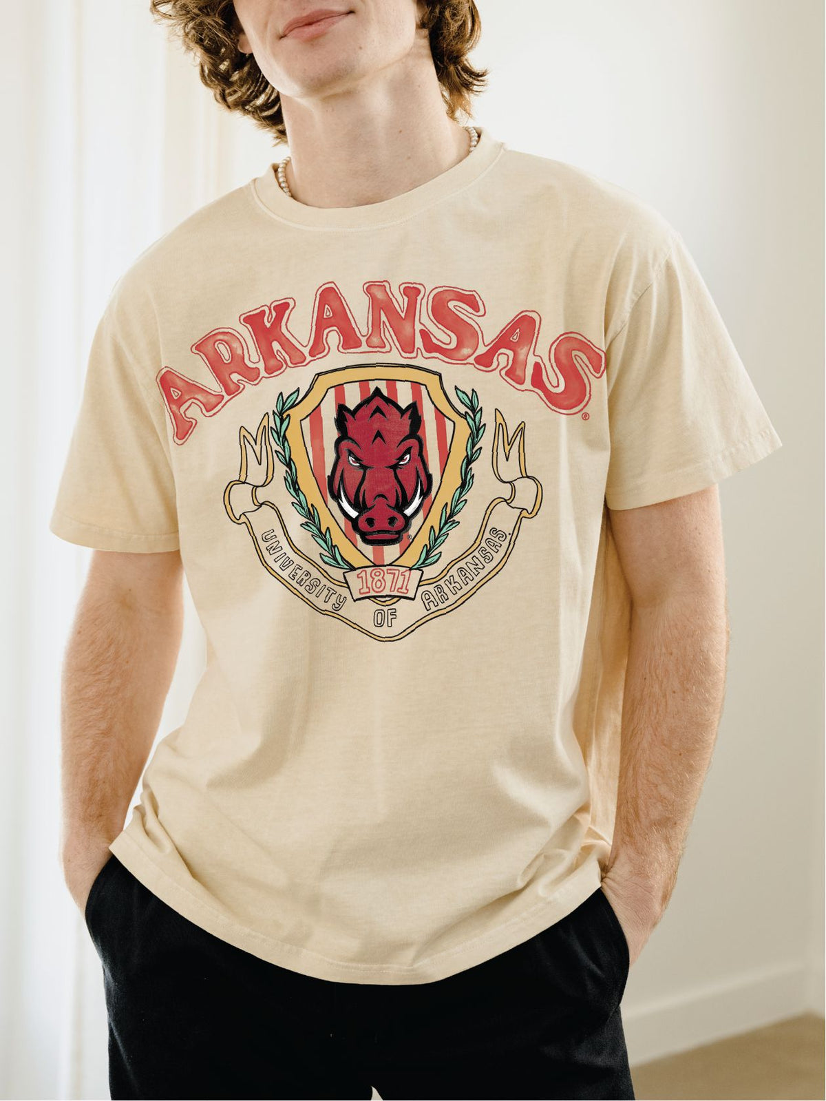 Arkansas Razorbacks Striped Crest Off White Thrifted Tee