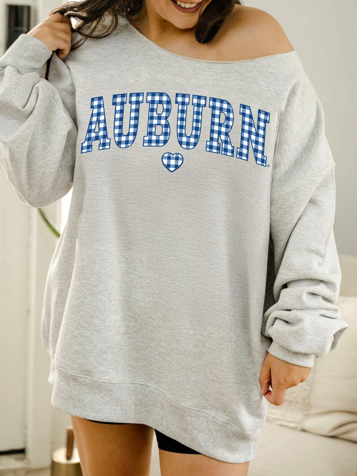Auburn Tigers Gingham Heart Ash Gray Flashdance Sweatshirt