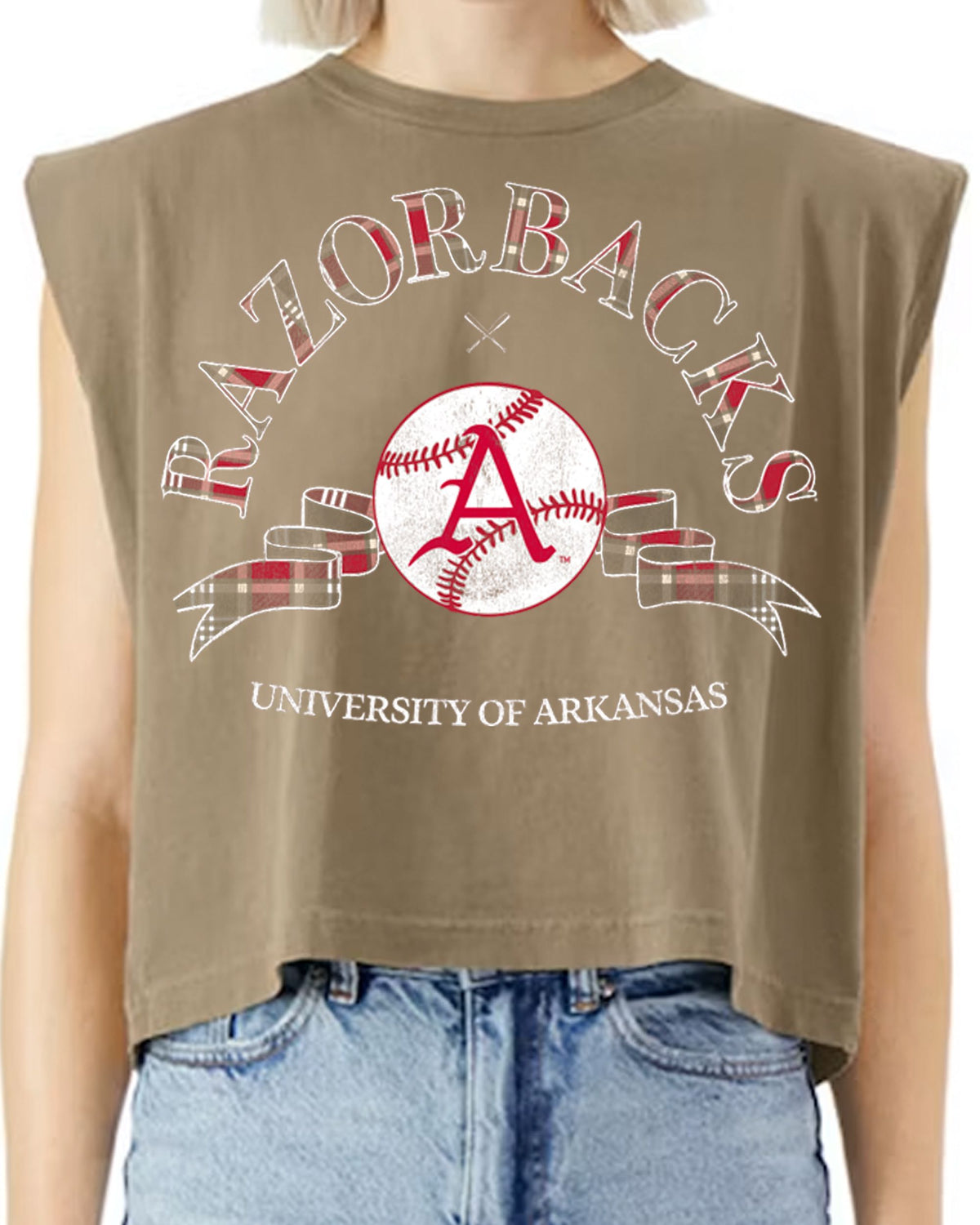 Arkansas Razorbacks Heritage Plaid Baseball Brown Tank
