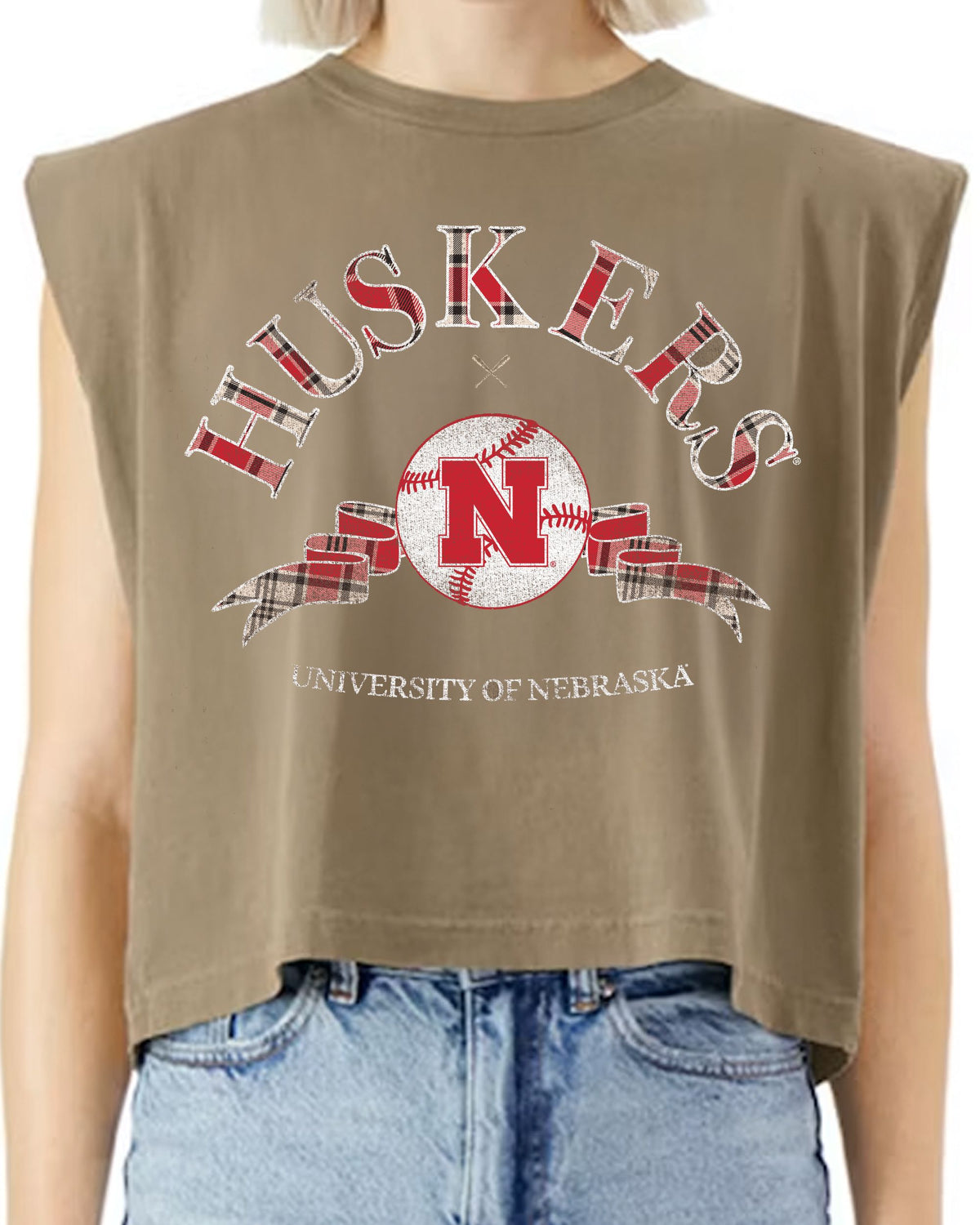 Nebraska Huskers Heritage Plaid Baseball Brown Tank