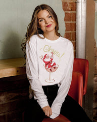 Christmas Cheers Santa Martini White LS Tee