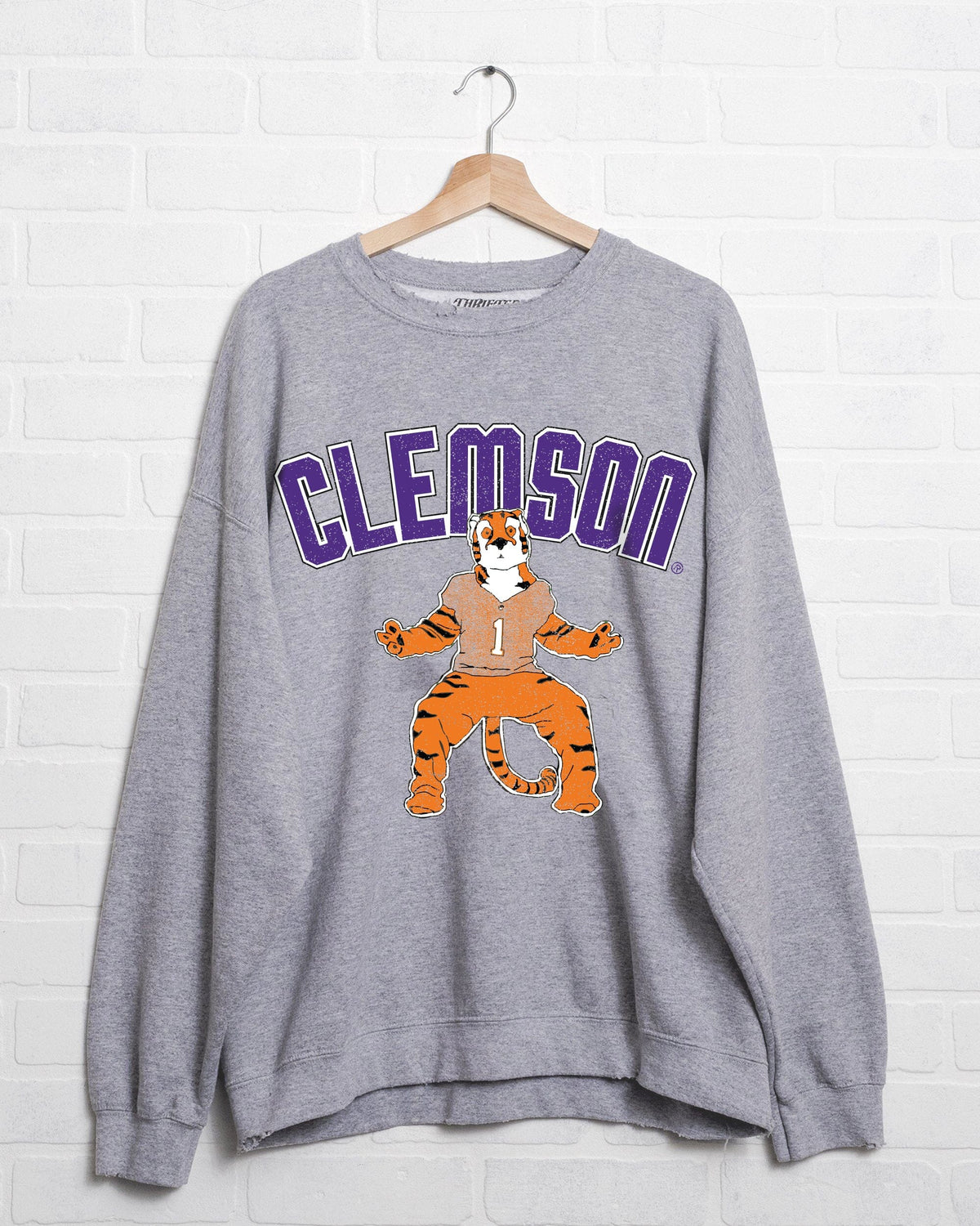 Clemson Tigers Cartoon Mascot Puff Ink Gray Thrifted Sweatshirt