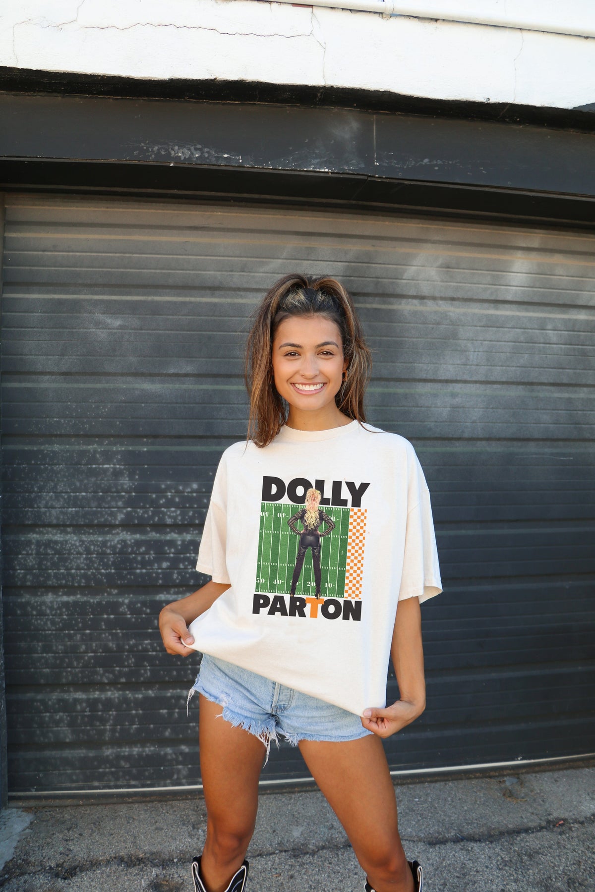 Dolly Parton Rockstar Vols Check Field Off White Thrifted Distressed Tee