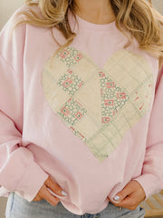 Large Heart Quilted Applique Pink Thrifted Sweatshirt