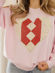 Medium Heart Quilted Applique Pink Thrifted Sweatshirt