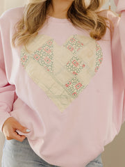 XL Heart Quilted Applique Pink Thrifted Sweatshirt