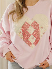 Large Heart Quilted Applique Pink Thrifted Sweatshirt