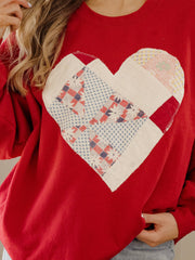 Large Heart Quilted Applique Red Thrifted Sweatshirt