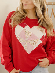 Medium Heart Quilted Applique Red Thrifted Sweatshirt