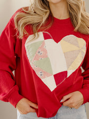 Small Heart Quilted Applique Red Thrifted Sweatshirt