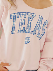 Texas Heart Gingham Print Pink Flashdance Sweatshirt