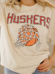 Nebraska Huskers Basketball Fling Puff Ink Off White Thrifted Tee