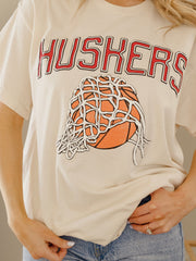 Nebraska Huskers Basketball Fling Puff Ink Off White Thrifted Tee