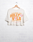 Raised on Dolly Parton & TN Vols Pink Football Off White Heavyweight Cropped Tee
