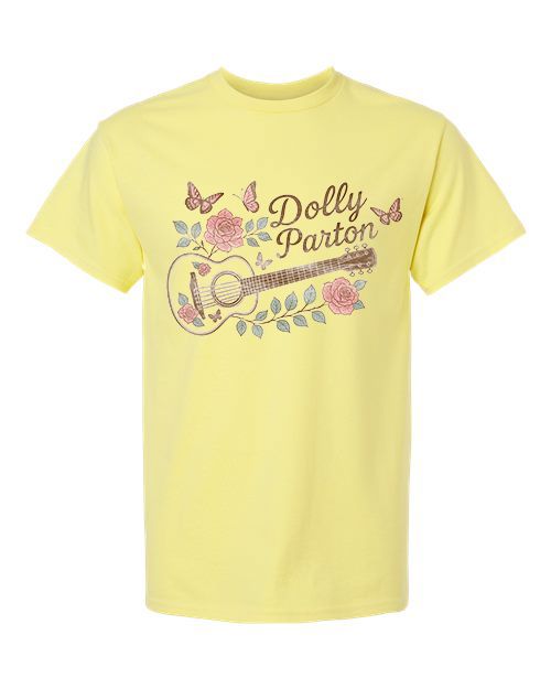 Dolly Parton Guitar Rose Yellow Thrifted Distressed Tee