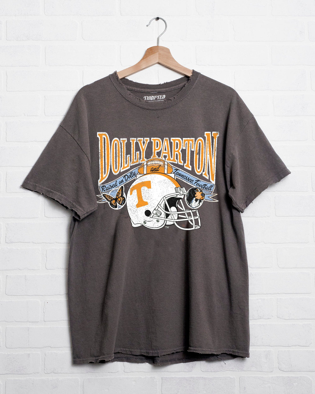 Dolly Parton Raised on Dolly & Tennessee Football Charcoal Thrifted Distressed Tee