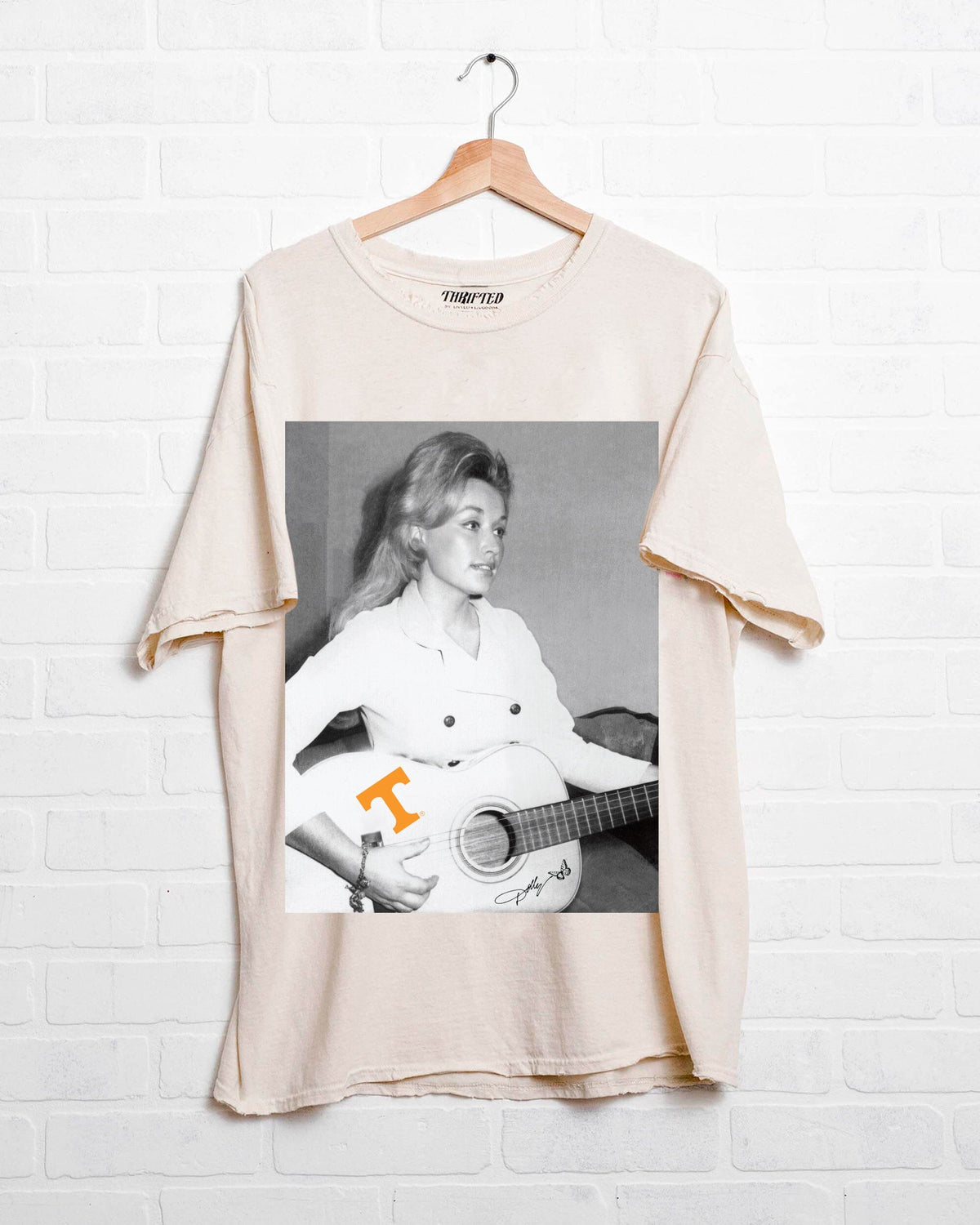 Dolly Parton Tennessee Tattoo Guitar Off White Thrifted Distressed Tee