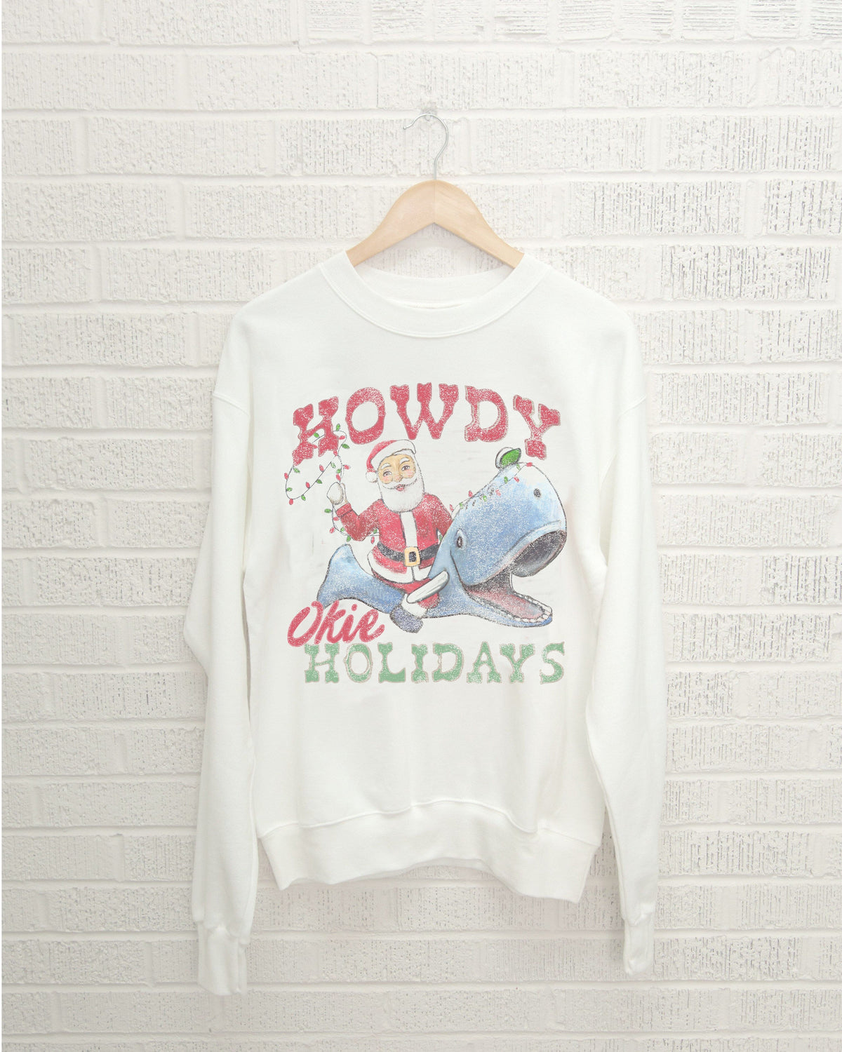 Howdy Okie Holidays Whale White Thrifted Sweatshirt