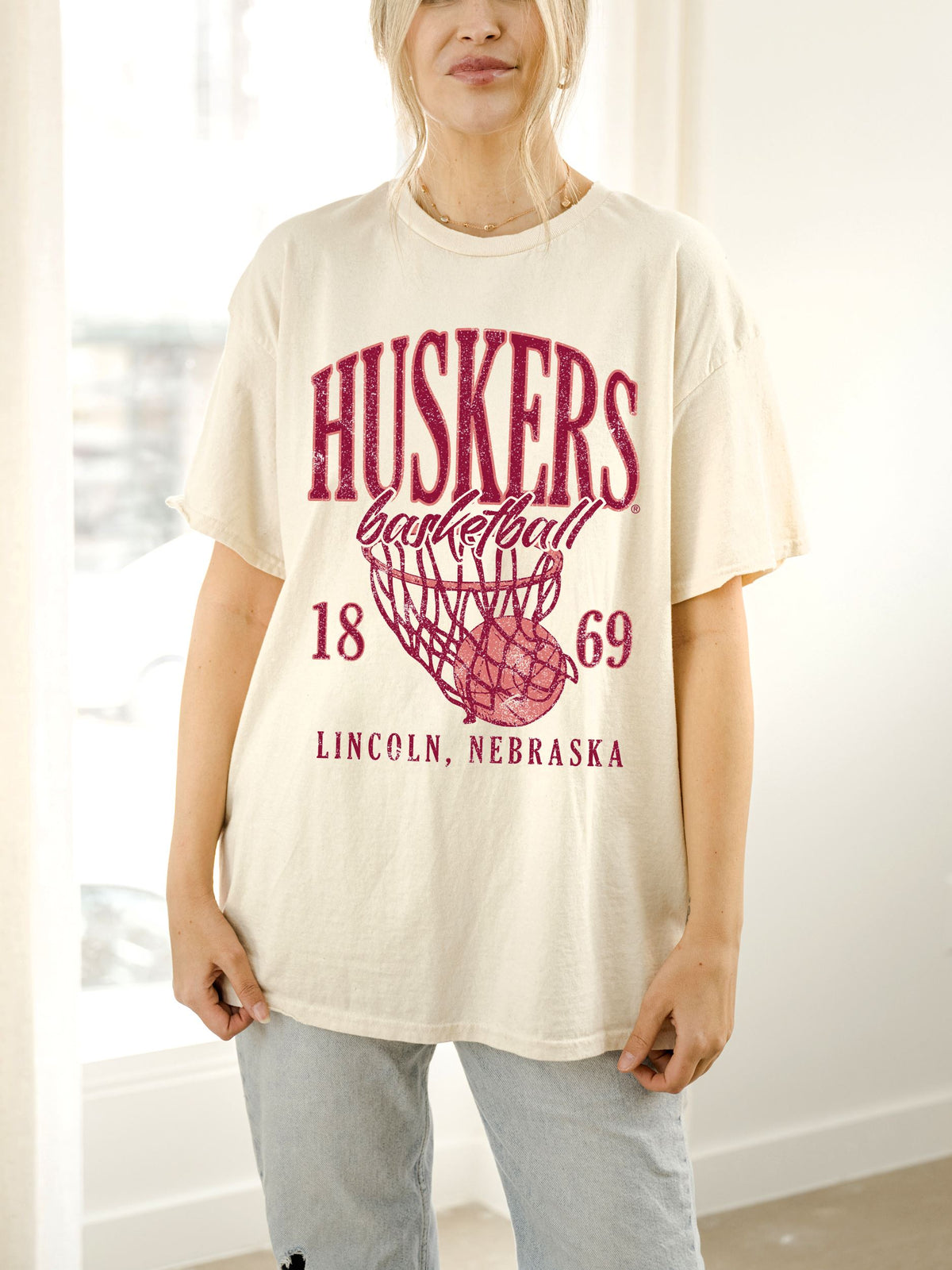 Nebraska Huskers Big Basketball Off White Thrifted Tee