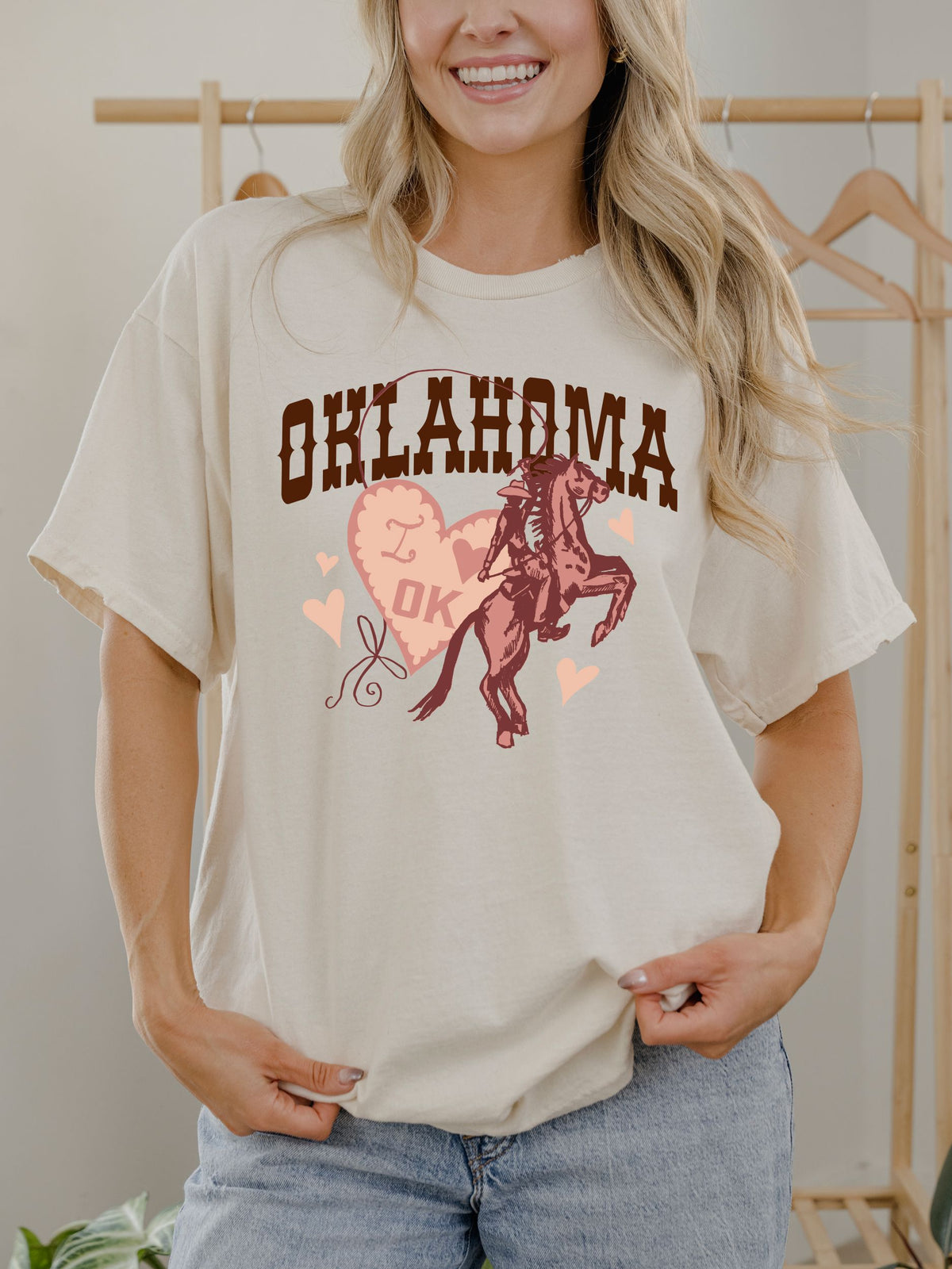 Oklahoma Hearts & Horses Off White Thrifted Tee