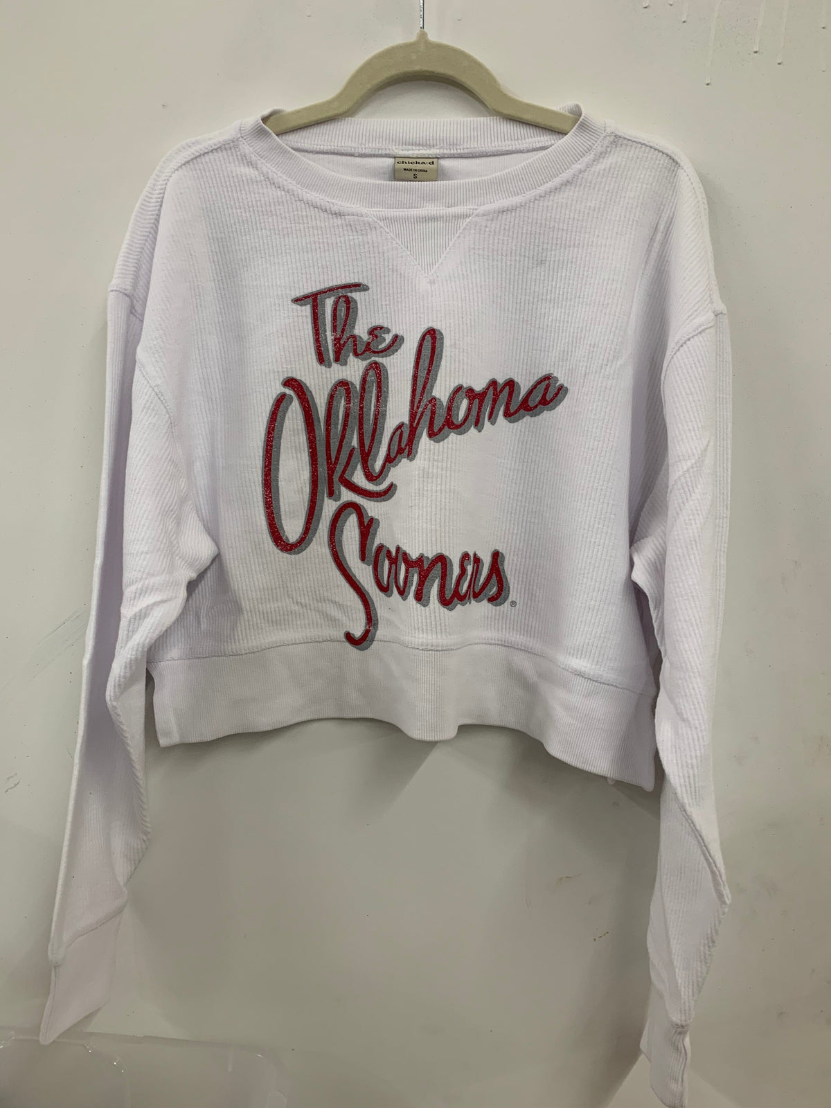 OU Sooners Beverly White Cropped Corded Crew Sweatshirt
