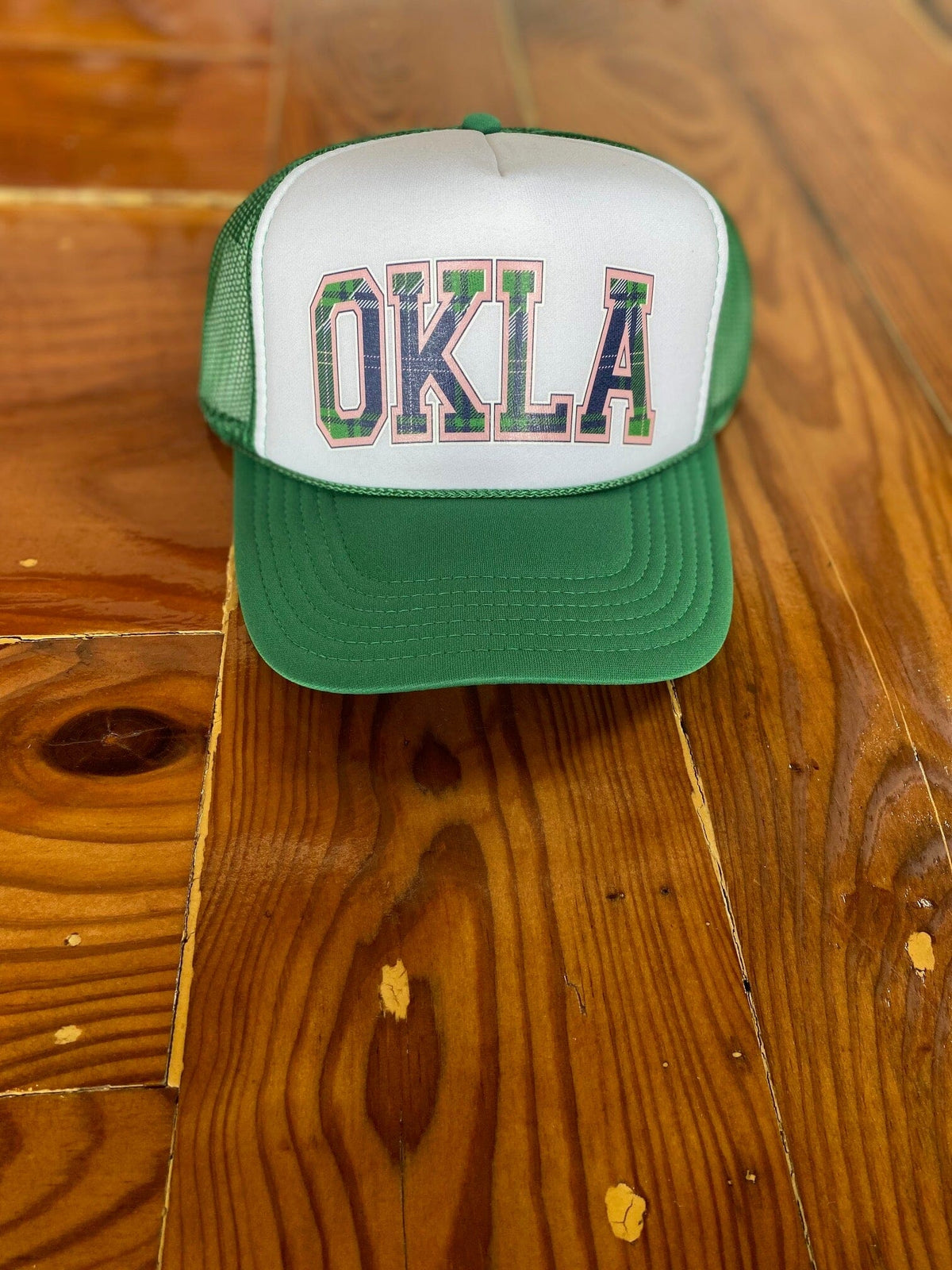 Green/White OKLA Plaid Arch (Pink Outline) Trucker Hat